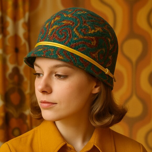 Vintage 60s Paisley Cloche Hat Teal Red Yellow Velvet Ribbon Retro Mod Style - Picture 1 of 7